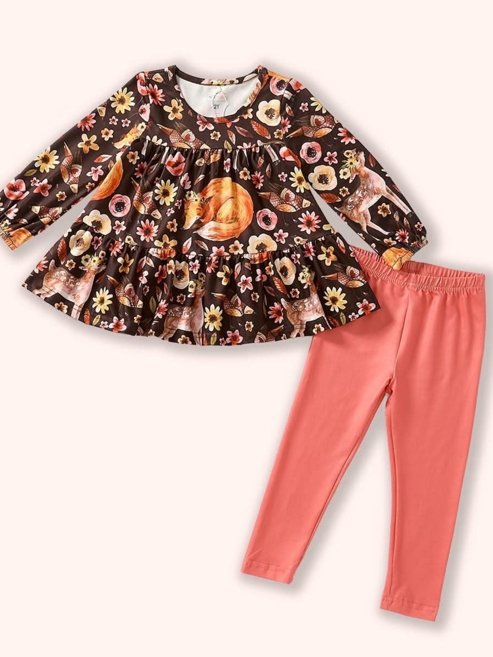 Girls Brown Fox & Floral Tunic with Coral Leggings Set